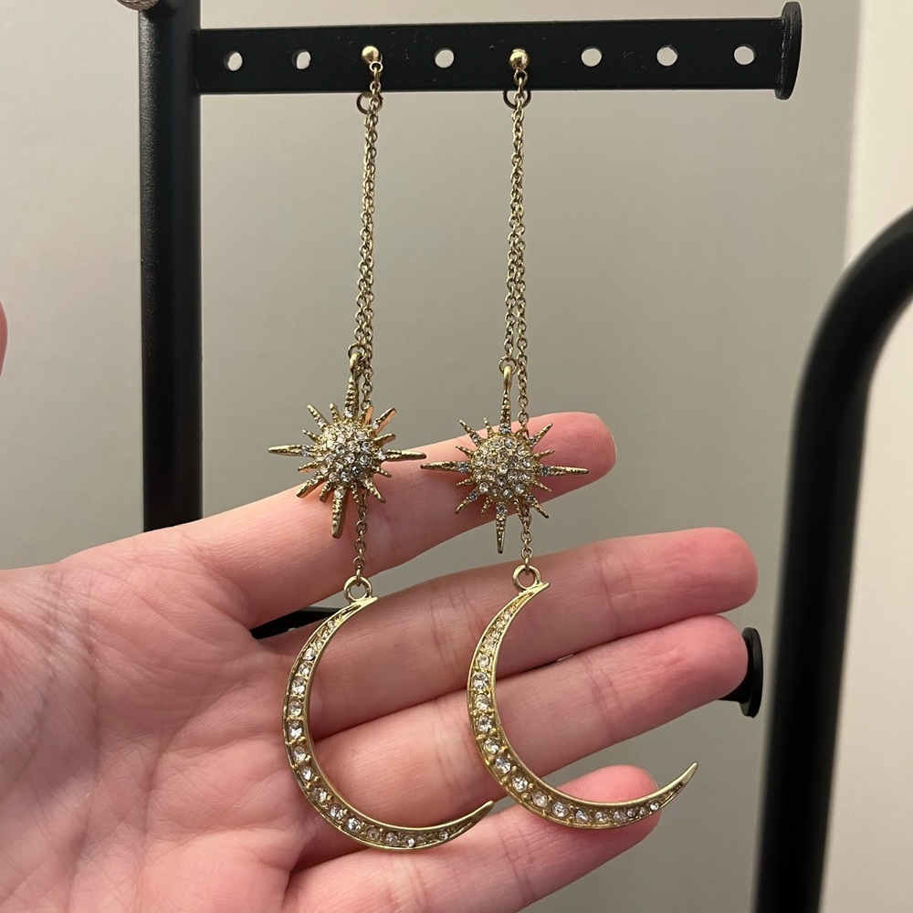 Gold Star and Moon Dangle Earrings